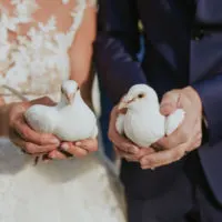 Braut und Bräutigam halten Hochzeitstauben